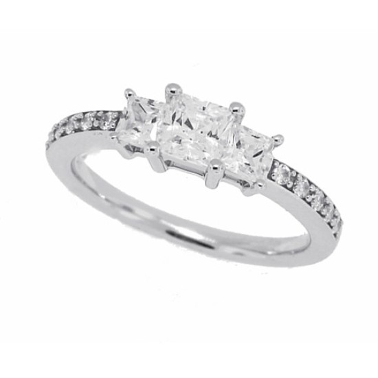 CZ Three Stone Princess Cut Engagement Ring Sterling Silver 