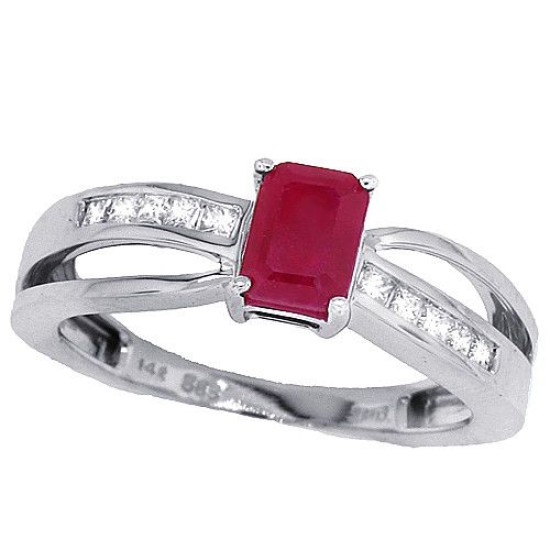 Emerald Cut Ruby Princess Cut Diamond Ring 14Kt White Gold