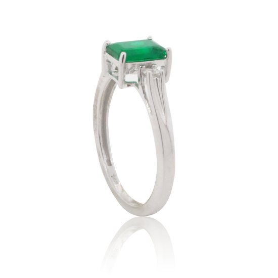 Emerald Cut Emerald Diamond Three Stone Ring 14Kt White Gold