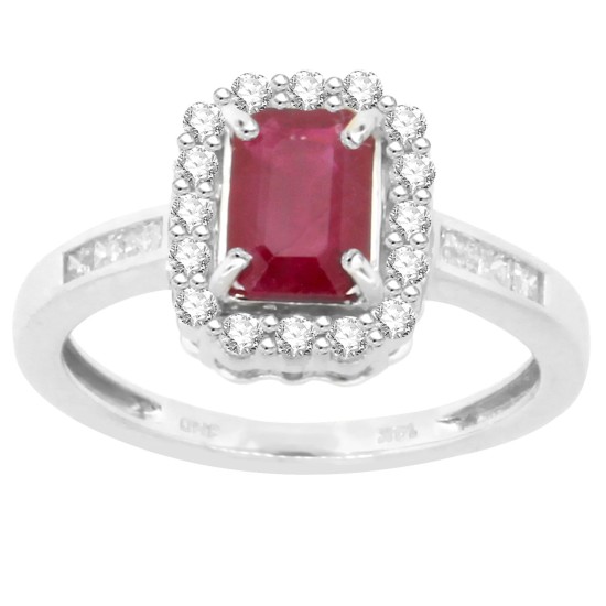 Emerald Cut Ruby Diamond Engagement Ring 14Kt White Gold