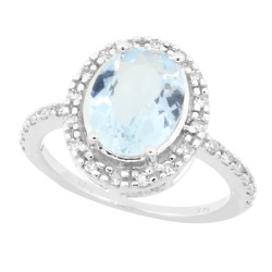 14Kt White Gold  Aquamarine and Diamond Halo Ring Certified