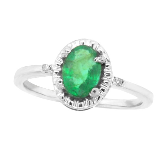 Natural Emerald Diamond Three Stone Ring 14Kt White Gold