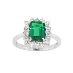 Emerald Cut Lab Created Emerald CZ Engagement Ring Sterling Silver