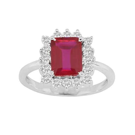 Emerald Cut Lab Created Ruby CZ Engagement Ring Sterling Silver