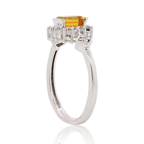 Emerald Cut Citrine Diamond Ring 10Kt White Gold