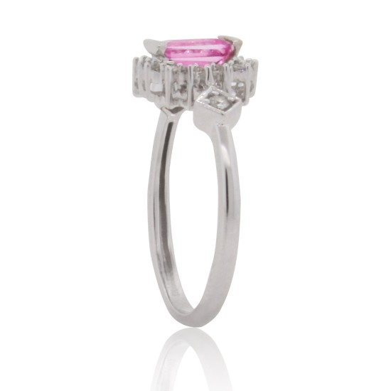 Emerald Cut Pink Topaz and Diamond Ring 10Kt White Gold