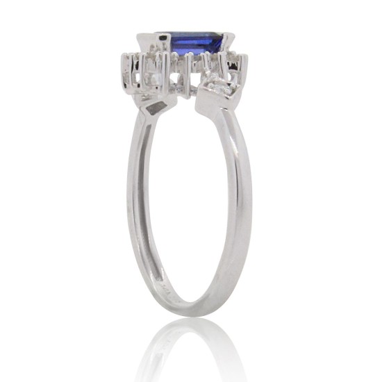 Emerald Cut Sapphire Diamond Ring 14Kt White Gold