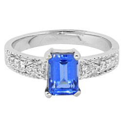Emerald Cut Blue Topaz and Diamond Ring 10Kt White Gold