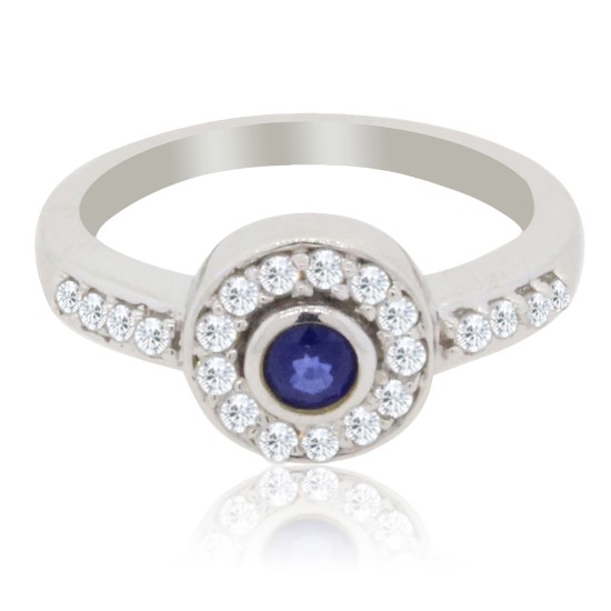 Sapphire and Diamond Halo Ring 14Kt White Gold Channel Set 