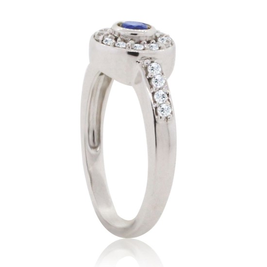 Sapphire and Diamond Halo Ring 14Kt White Gold Channel Set 