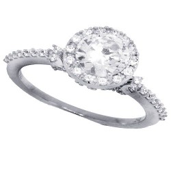Cubic Zirconia Solitaire Halo Engagement Ring Sterling Silver 
