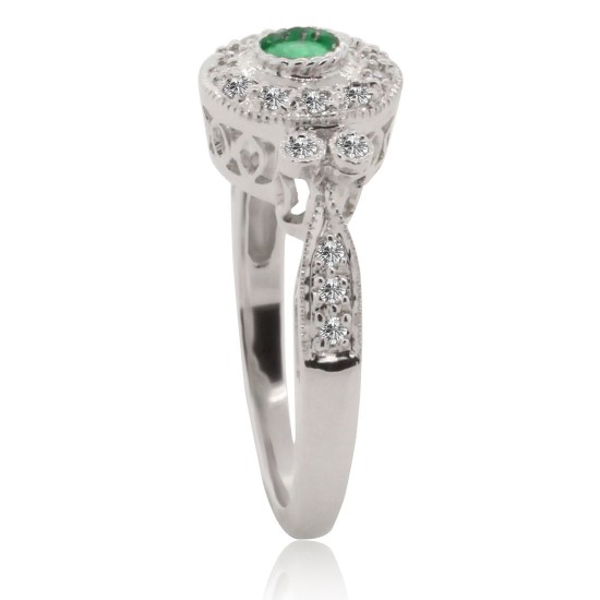 14Kt White Gold Emerald Diamond Ring Pave Set, Antique Look 
