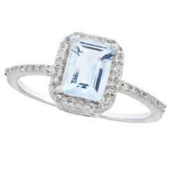 Emerald Cut Aquamarine and Diamond Halo Ring 10Kt White Gold