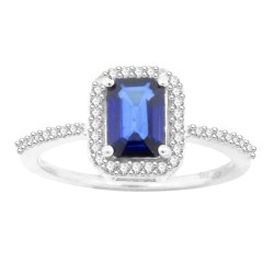 Emerald Cut Sapphire Diamond Halo Ring 14Kt White Gold