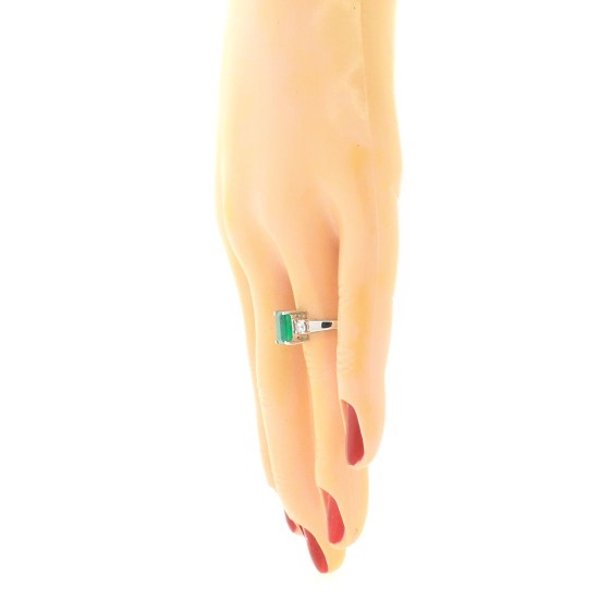 10Kt White Gold Emerald Diamond Three Stone Ring Emerald Cut 