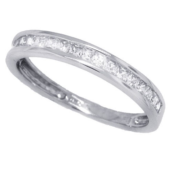 CZ Wedding Band Sterling Silver Rhodium Plated Princess Cut