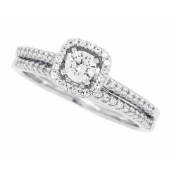 Cubic Zirconia Solitaire Halo Wedding Ring Set Sterling Silver 