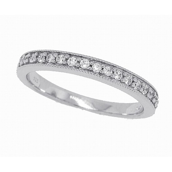 Cubic Zirconia Wedding Band Sterling Silver with Milgrain