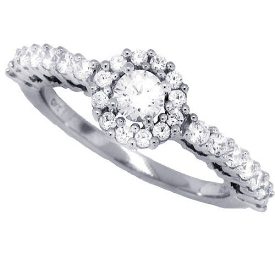 Cubic Zirconia Halo Engagement Ring Sterling Silver 
