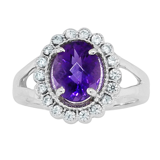 Genuine Amethyst CZ Halo Engagement Ring Sterling Silver