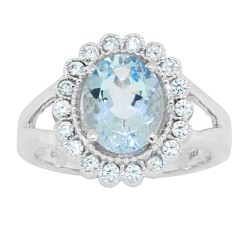 March Birthstone Aquamarine CZHalo Ring Sterling Silver