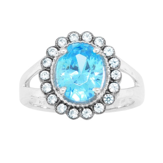 Antique Look Lab Created Aquamarine CZ Ring Sterling Silver