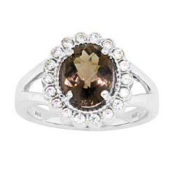 Natural Smoky Quartz CZ Halo Engagement Ring Sterling Silver