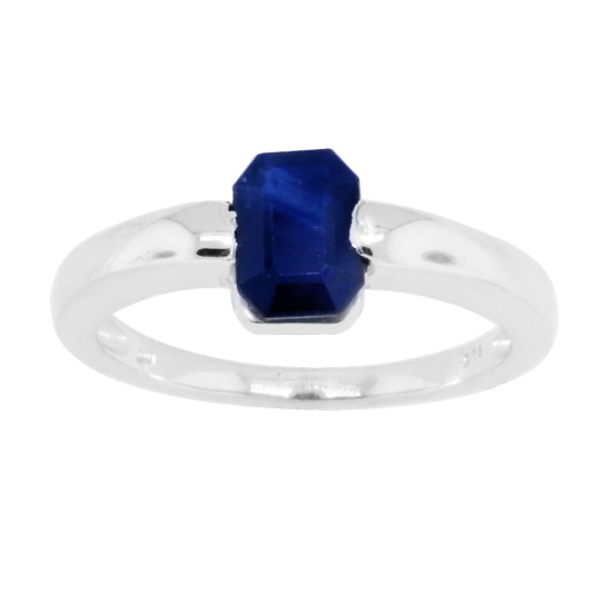 Emerald Cut Blue Sapphire Ring in Sterling Silver