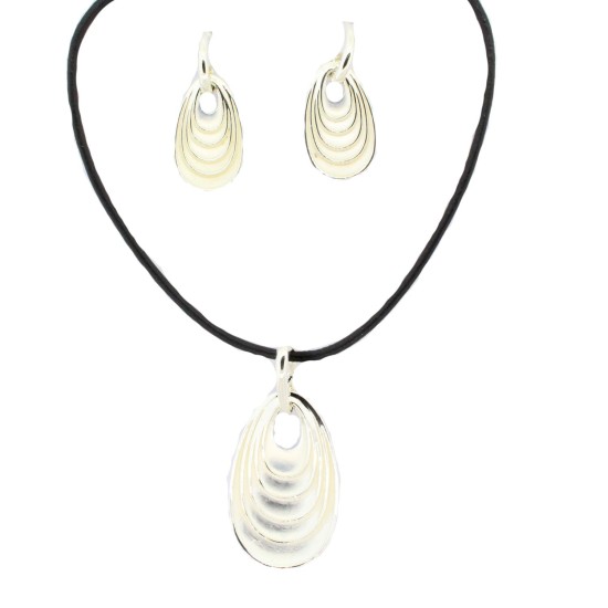 Silvertone Pendant and Dangle Earring Set with Cord