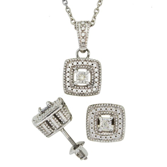 Genuine Diamond Pendant and Earrings Set in Sterling Silver