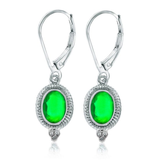 Genuine Emerald and Diamond Dangle Earrings Sterling Silver