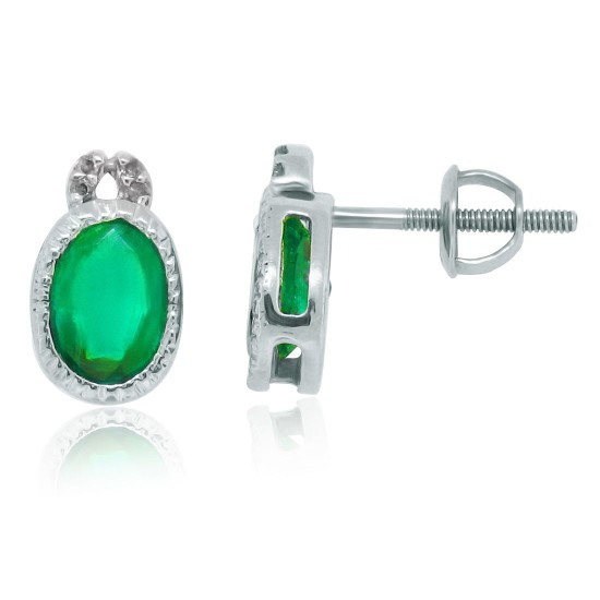 Genuine Emerald and Diamond Stud Earrings in Sterling Silver