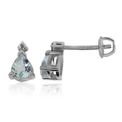 Genuine Aquamarine and Diamond Stud Earrings Sterling Silver