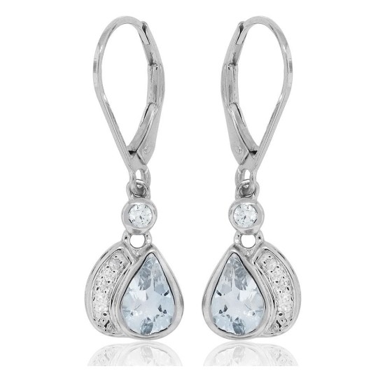 Natural Aquamarine Diamond Drop Earrings in Sterling Silver