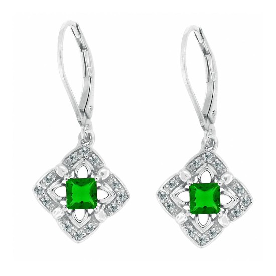 Lab Created Emerald Diamond Dangle Earrings Sterling Silver