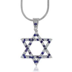 Sapphire CZ Jewish Star Of David Pendant Necklace Sterling Silver 