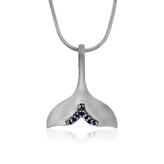 Genuine Sapphire Whale Tail Pendant Necklace Sterling Silver 
