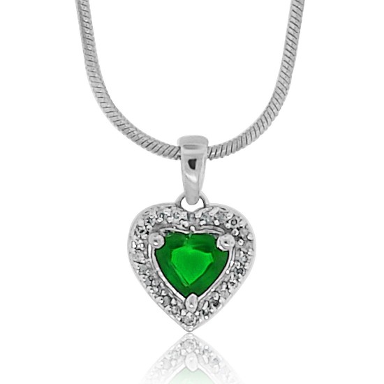 Lab Created Emerald Diamond Heart Pendant Necklace Sterling Silver 