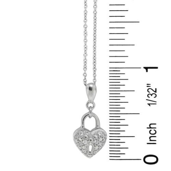 Cubic Zirconia Heart lock Pendant Necklace Sterling Silver  