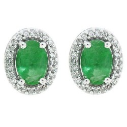 Natural Emerald Diamond Halo Earrings in 14Kt White Gold