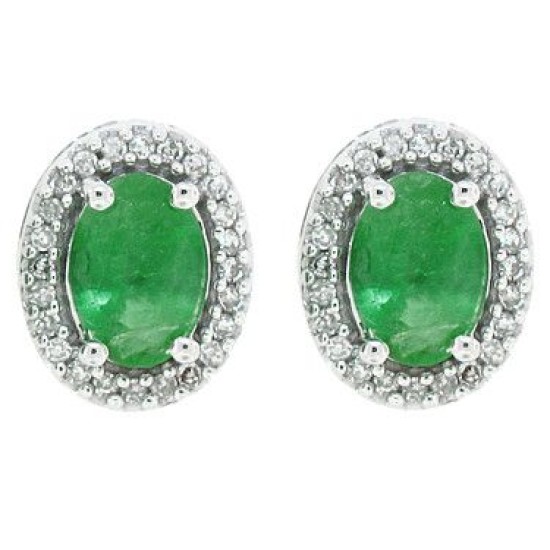 Natural Emerald Diamond Halo Earrings in 14Kt White Gold