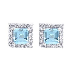 Princess Cut Aquamarine Diamond Stud Earrings 10Kt White Gold 