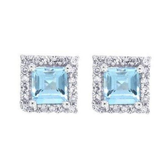 Princess Cut Aquamarine Diamond Stud Earrings 10Kt White Gold 