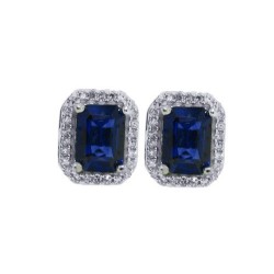 Emerald Cut Blue Sapphire Diamond Halo Stud Earrings in 14Kt White Gold 